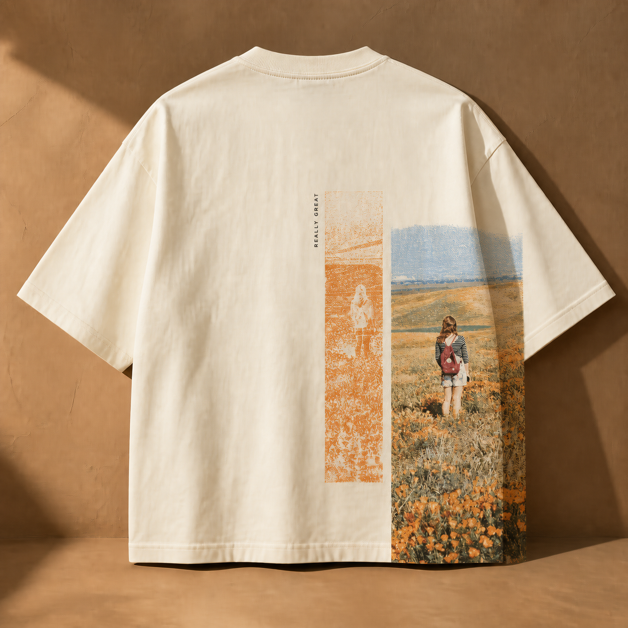 Natural heavyweight T-shirt with offset print fragments of the orange-field photograph