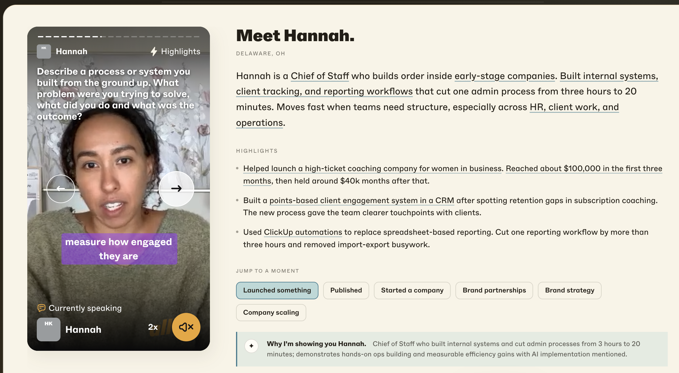 Hannah speaking in the daylight prototype, with her answer and profile evidence visible