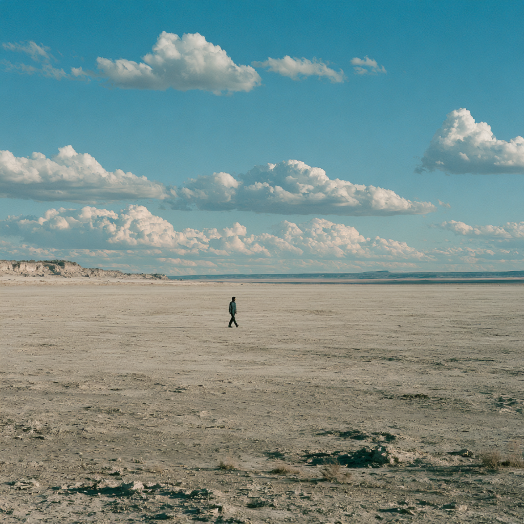 One person walking across a vast dry lakebed under a big daylight sky