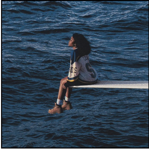 A woman seated on a plank over open ocean, one small person in a vast blue field